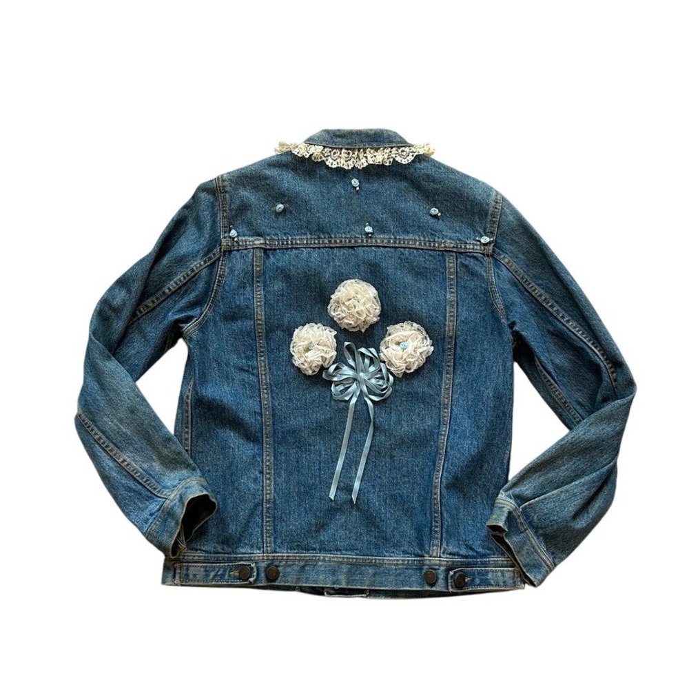 VTG Bon Jour floral lace denim trucker jacket‎ bow coquette girly L